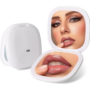 Colexy Zakspiegel met 1x/5-voudige vergroting, draagbare make-upspiegel met ledverlichting, oplaadbaar en opvouwbaar, dubbelzijdige kleine spiegel voor make-up, reizen, damescadeau (wit)