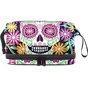 Grote capaciteit reizen cosmetische tas, suiker schedel bloemen dag van de doden, make-up tas, waterdichte make-up tas organisator, Meerkleurig, 27x15x14 cm/10.6x5.9x5.5 in