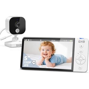 GHB Babyfoon camera, 5 inch, 720p HD, babycamera, bewaking, 5000 mAh, IPS-display, zoom, 4 x nachtzicht, VOX, temperatuursensor, niet roteren op afstand