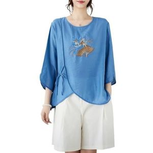 2024 Zomer Etnische Stijl Retro Chinese Tops Prachtige Borduren Hanfu Blouse Plus Size 3/4 Mouwen Flowy Shirt(Color:Blue,Size:XXL)