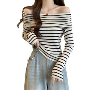 EMOTTOS Sexy gestreepte gebreide tops, slim fit dames een-schouder geribbelde lange mouw, strapless gestreepte kleurblokkerende shirts voor vrouwen, vrouwelijke sexy clubwear top, één maat voor