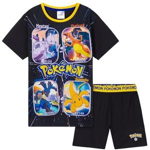 Pokémon Korte pyjama voor kinderen, ademende nachtkleding, T-shirts en shorts - Pikachu cadeau, Zwart/Geel, 4-5 Jaar