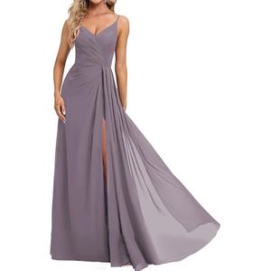 Prinses Bruidsmeisjes Jurken Spaghetti Bandjes Galajurken Chiffon Formele Avondfeest Maxi Jurk met Split ZM210, Wisteria, 32