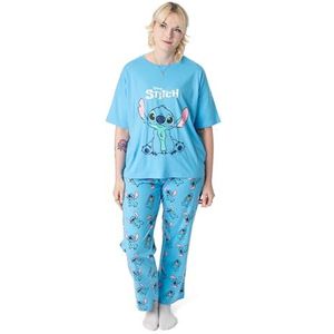 Disney Lilo & Stitch damespyjamaset | Stitch grafische top met korte mouwen en pyjamabroek met lange pijpen voor volwassenen in blauw | Nachtkleding met all-over print voor dames