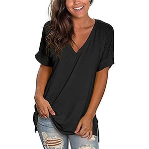 Dames T-shirts zomer korte mouwen V-hals T-shirts casual basic T-shirts dames effen korte mouwen T-shirts zomer korte mouwen effen tuniek T-shirts, B-Zwart, XL