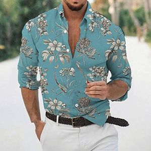 Mens Bloemen Jurk Shirts,Heren Bloemen Shirts Met Lange Mouwen Wit Bloempatroon Blauw Shirt Mannen Mode Casual Losse Button Down Shirt Van Toepassing Op Bruiloft Feest Prom Uitvoeren Concert, Xxl