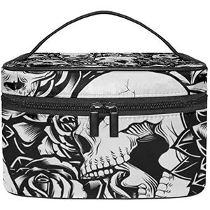 Plantaardige wortel tomaat make-up tas voor vrouwen meisjes cosmetische tassen met handvat reizen make-up organizer tas, Zwart Wit Skull Rose Rock Patroon, 8.9x5.9x5.4 Inches, Make-up zakje