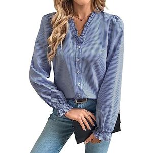 dames topjes Striped Print Frill Trim Blouse (Color : Blue and White, Size : Small)