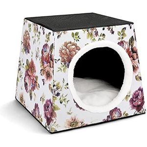 Decoratief Kattenhuis Kattenbed Kubusvorm Kattenholte Hondenhuis met Uitneembaar Kussen Rode bloemen retro