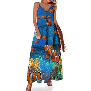 Tropische vissen Sling Maxi-jurken voor dames, V-hals, casual, mouwloos, verstelbare riem, sexy lange jurk