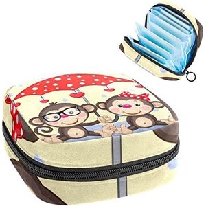 Maandverband Opbergtas,Draagbare maandverband Opbergzak,Valentines Lover Cartoon Monkey Rainy Umbrella, Meerkleurig, 4.7x6.6x6.6 in/12x17x17 cm