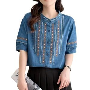 QOUERUUE Dames Denim Tops Button Down Geborduurd Korte Mouw Ronde Hals Casual Geklede Zomer Jean Shirt,Dark blue,L