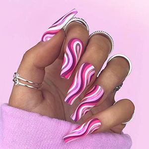 Coffin False Nails Long Fake Nails Wave Press on Nails Ballerina Stick on Nails 24pcs for Women and Girls