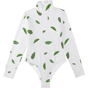 LI ZHI XIN Rompertjes met lange mouwen voor dames, eendelige jumpsuit met hoge hals, coltrui, turnpakje, top voor meisjes, dans, workout, fitness, bodysuit met groen bladpatroon, Meerkleurig, S