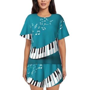 Groen En Wit Piano Keys Print Womens Zomer Zachte Tweedelige Bijpassende Outfits Korte Mouw Pyjama Lounge Pyjama Sets, Zwart, 3XL