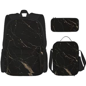 Goud Zwart Marmeren Rugzak Set 3-in-1 Kids Schooltas voor Tiener Meisjes Womens Laptop Rugzak Met Lunch Tas Potlood Case, Zwart, Eén maat