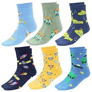 TupTam Kinder Sokken Kleurrijk Gedessineerd 6-Pack, Ruimte/Beer/Vliegtuig/Donkerblauw/Blauw/Groen/Geel, 27-30