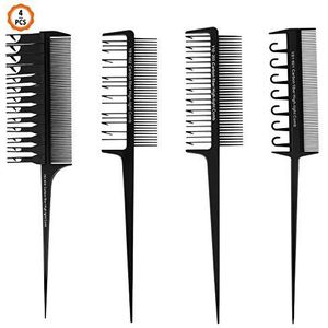 Jubaopen 4 stuks kapperskammen, kam van koolstofvezel, haarkammen, anti-statische kapperskam, brede en fijne tanden, kam met staart
