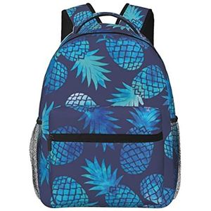 Blauwe ananas bedrukte rugzak, waterfles zijvak voor ademend vermogen, computertas geschikt voor mannen, vrouwen en ouderen, Zwart, One Size