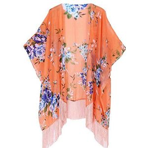 soul young Damesjurk met bloemenpatroon, chiffon, vestje, kamerjassen en kimono's, tops, buitenkleding, blouse met bandjes (één maat), Oranje, One size