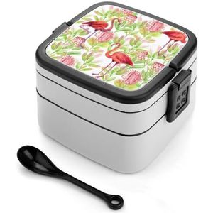 Protea Flower Flamingo Bento Lunchbox, dubbellaags, alles-in-één, stapelbare lunchcontainer, inclusief lepel met handvat