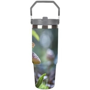 FHECVBN Grote capaciteit auto beker koffie beker vlinder paddestoel koffiemok flip stro beker roestvrij staal beker geïsoleerde beker reizen mok 30oz