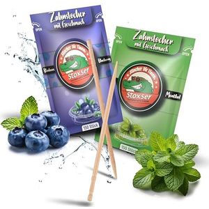 Stoxser 300 x tandenstokers met smaak, verpakking van 2 stuks, bosbessen en mint/menthol, smaakrevolutie, geen kauwgom, ondersteunt tandpasta, tandsteenverwijderaar, tandzijde, suikervrij