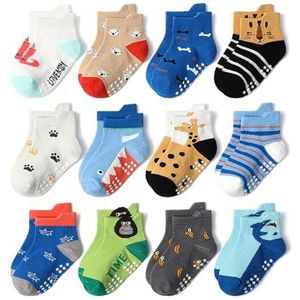Yafane 12 paar antislip sokken voor jongens en meisjes, uniseks, klein katoen, schattig, met manchetten, antislip, voor baby's, Veelkleurig 4, 3-5 Jaar