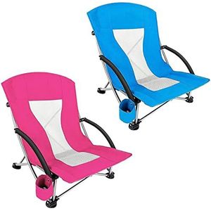 GEIRONV 2 pc's draagbaar paar lage zwaartekracht strandstoel, for concert gazon buiten stoel compacte vouwkamping sportstoel met armleuning Fauteuils (Color : Pink+blue)