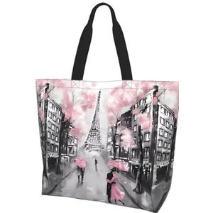 MYGANN Parijs Straat Eiffeltoren Roze Bloemen Vrouwen Grote Capaciteit Schouder Waterdichte Boodschappentas Voor Dagelijkse Reizen Gift Bag, Zwart, Eén maat