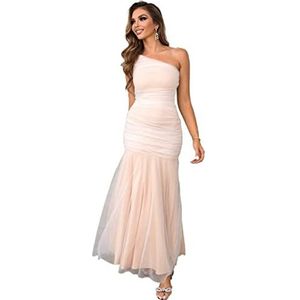 jurken voor dames One Shoulder Ruched Mesh Prom Dress (Color : Apricot, Size : M)