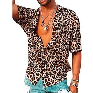 kewing Heren luipaardprint overhemden mode korte mouw button down retro shirt, Geel, L