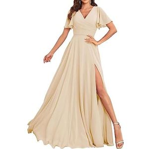 Chiffon bruidsmeisjesjurken voor dames, met split, lange baljurken, cocktailjurken, grote maten, Champagne, 32