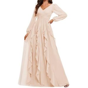 Prinses Bruidsmeisje Jurken Lange Mouw Prom Jurken V-hals Chiffon Formele Avond Party Maxi Jurk ZM208, Perzik Roze, 32