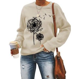MLZHAN Paardebloem Print Vrouwen Sweatshirt Herfst Winter Ronde hals Lange Mouw Shirt Paardebloemen Truien Sweatshirts Jas Tops, Beige, S