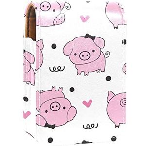 Make-up Lipstick Case voor Buiten Roze Varkens Patroon Leuke Liefde Hart Draagbare Lippenstift Organizer met Spiegel Dames Mini Make-up Tas Neemt Tot 3 Lippenstift