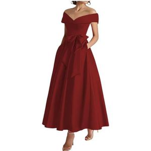 WSEYU Off Shoulder Moeder van De Bruid Bruidegom Jurken Satijn Boog Formele Avond Grootmoeder Jurken Thee Lengte ZM289, wijnrood, 32
