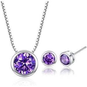 Mode 925 zilveren sieradensets compatibel met vrouwen bruiloft minimalisme kleurrijke kristallen ronde oorbellen kettingen set bruid cadeau (Color : Purple cz_45cm)