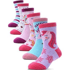 Kinder Sokken voor Meisjes en Jongens Warme Wol Wandelsokken Sportsokken Wollen Sokken Dikke Thermosokken Wintersokken Kerstsokken Cadeaus Kindersokken 6 Paar (Roze Eenhoorn, 4-7 Jaar)