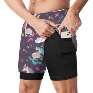 Regenboog met Eenhoorn Grappige Zwembroek met Compressie Liner & Pocket Voor Mannen Board Zwemmen Sport Shorts