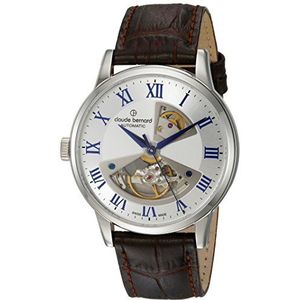 Claude Bernard Heren automatisch horloge zilver met bruine leren armband, geskeletteerde wijzerplaat/Open Heart - 85017 3 ARBUN, Wijzerplaatkleur: zilver/wijzerplaat: Romeinse cijfers, Met bandjes