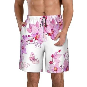 JIAWUJYNB Strandshorts voor heren, roze, bloemen- en vlinderprint, lichtgewicht, sneldrogend, met trekkoord en zakken, Wit, XL