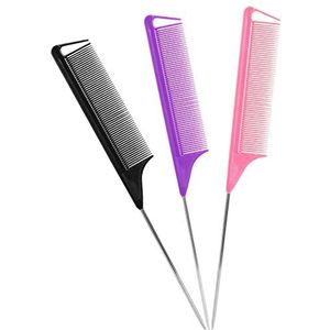 Kunihiko Kam Rat Tail Combs: 3Pack Parting Comb, Stalen Pin Rat Tail Carbon Fiber Hittebestendige Plagen Kammen, Kammen voor Kapsalon Stylist, Metalen Staart Kam (Paars|Zwart|Roze)