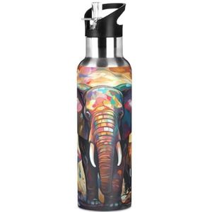 Indiase stijl olifant dier waterfles geïsoleerde grote 1L roestvrij staal sport vacuüm fles met stro lekbestendig voor reizen koffie