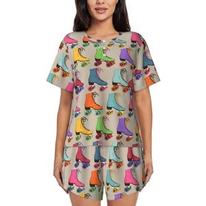 RIVETECH Kleurrijke rolschaatsen print dames pyjama met korte mouwen - comfortabele korte sets, mouwen nachtkleding met zakken, Zwart, XL