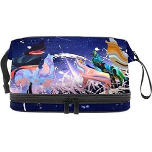 Kleurrijke Wolf Howling to The Sky Dubbellaagse make-uptas voor vrouwen en meisjes, grote cosmetische tassen reistoilettas, cosmetische etui make-up organizer met draaggreep, Meerkleurig, 27x15x14 cm/10.6x5.9x5.5 in, Schoonheid Case