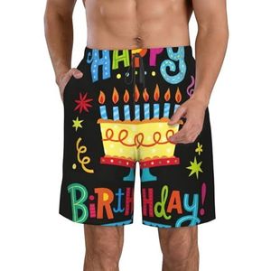 Heldere Kool Print Heren Zwemplank Shorts Zwembroek Trunks Badmode Sneldrogende Surfen Strand Essentiële Zomer, Gelukkige Verjaardag Grote Cake, L