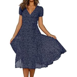 GerRit Dress Plus Size Dresses Women V-neck Short Dress Sleeve Dot Women's Dress Women Outfits-blue-3xl