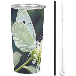 AQRJLPM Witte vlinder auto beker roestvrij staal beker met rietje en deksels lekvrij geïsoleerde roestvrij staal reizen koffiemok pobtable voor koude warme dranken camping