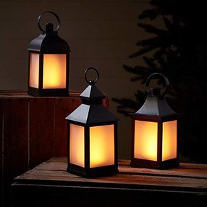 Lights4fun Set van 3 Outdoor Tuin Zwarte Kaars Lantaarns Batterij Werkt Flickering Amber LED Flame Effect Volledig Waterdicht